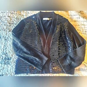 Calvin Klein Black Sequin Cardigan Sweater Medium Party Holiday Knit Open Front